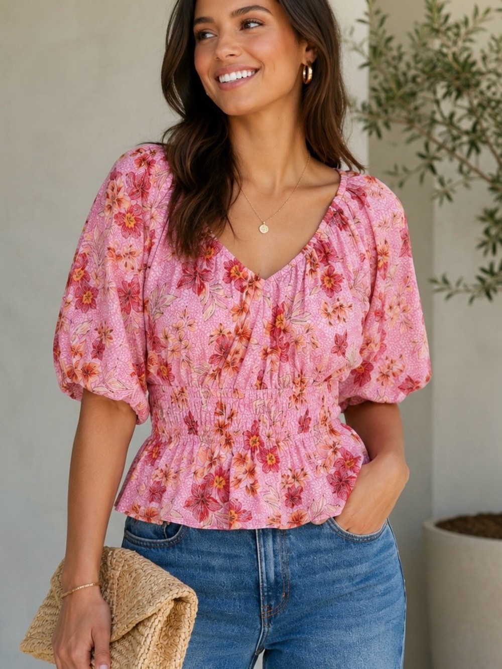 NWT LOFT ‘Lily Gathered Waist V-Neck Blouse’ in Pink Floral Print Size Large